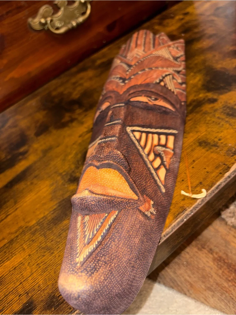 Carved Decorative Tribal Mask in Brown and Orange